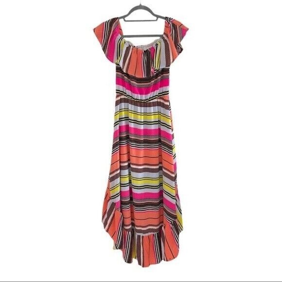 Charles Henry M Off The Shoulder Striped High Low Ruffle Dress Cocktail Party - Picture 8 of 9